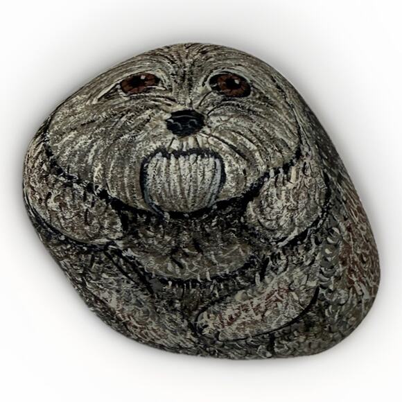 Unbranded Other - Vintage Maltese Terrier Dog Puppy Hand Painted Rock Stone Signed 4”